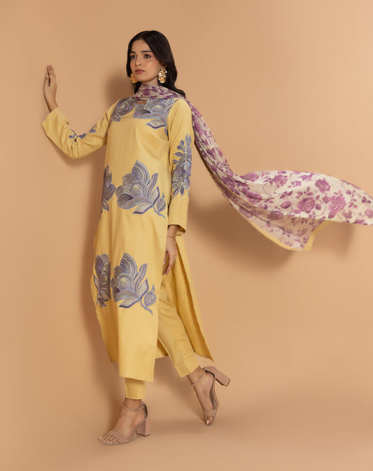 EMBROIDED 3PCS SELF COTTON SUIT