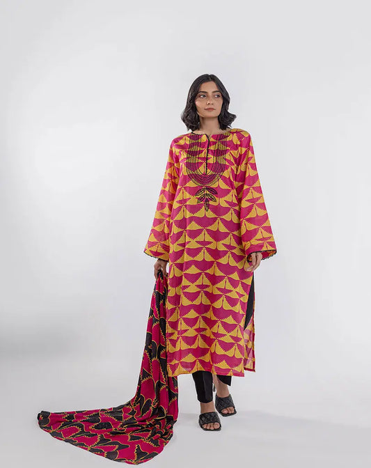 3 Piece-Printed Emb Lawn Unstich Suit