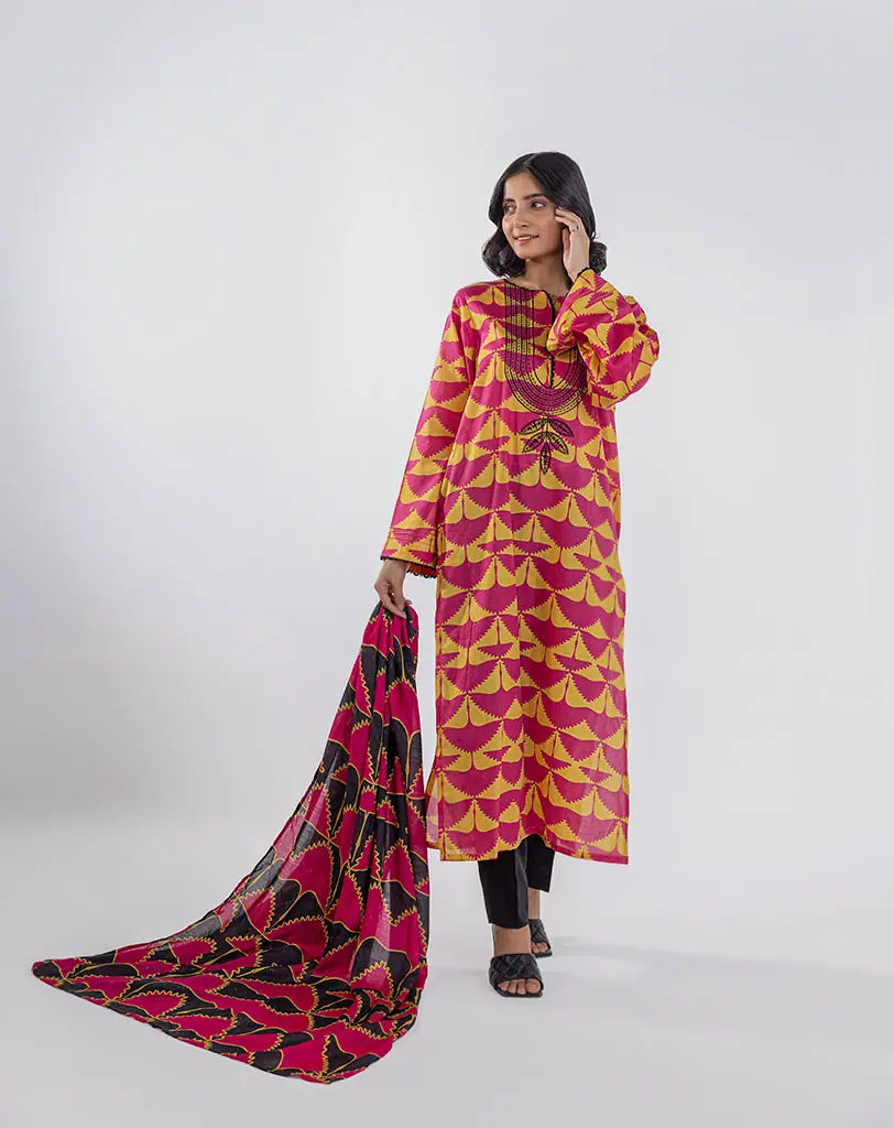 3 Piece-Printed Emb Lawn Unstich Suit