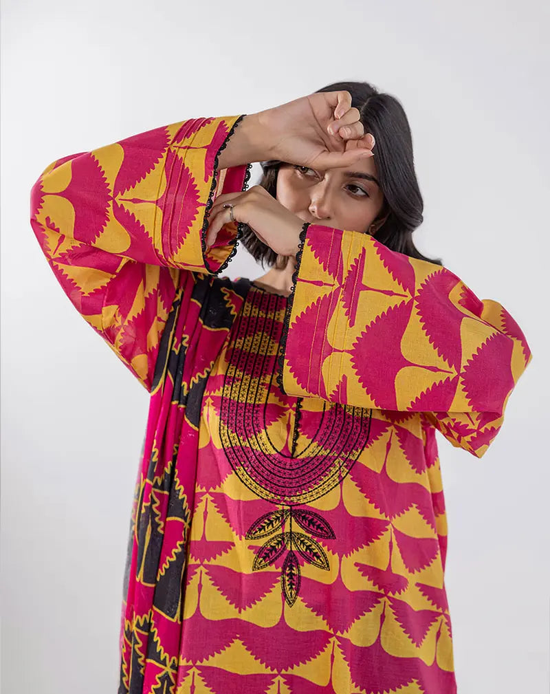 3 Piece-Printed Emb Lawn Unstich Suit