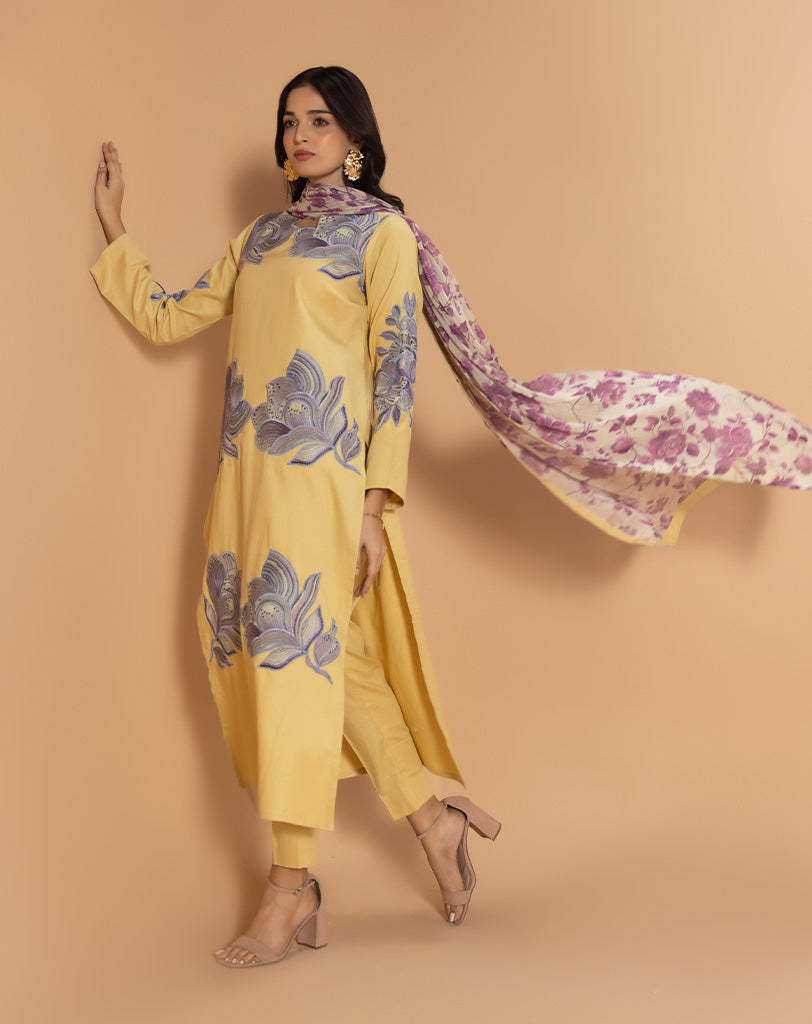 EMBROIDED 3PCS SELF COTTON SUIT