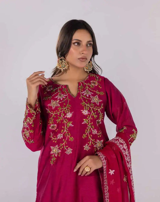 Embroidered Hand Embellished khaddi net Suit