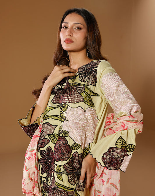 EMBROIDED 3PCS SELF COTTON SUIT