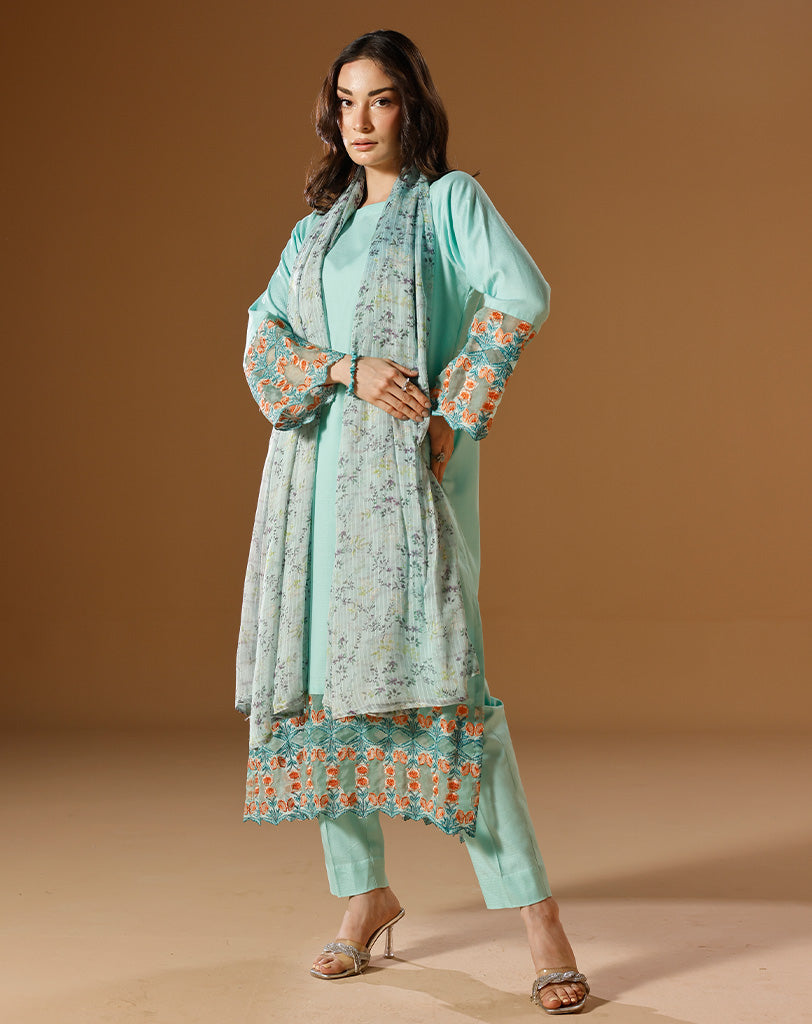 EMBROIDED 3PCS SELF COTTON SUIT
